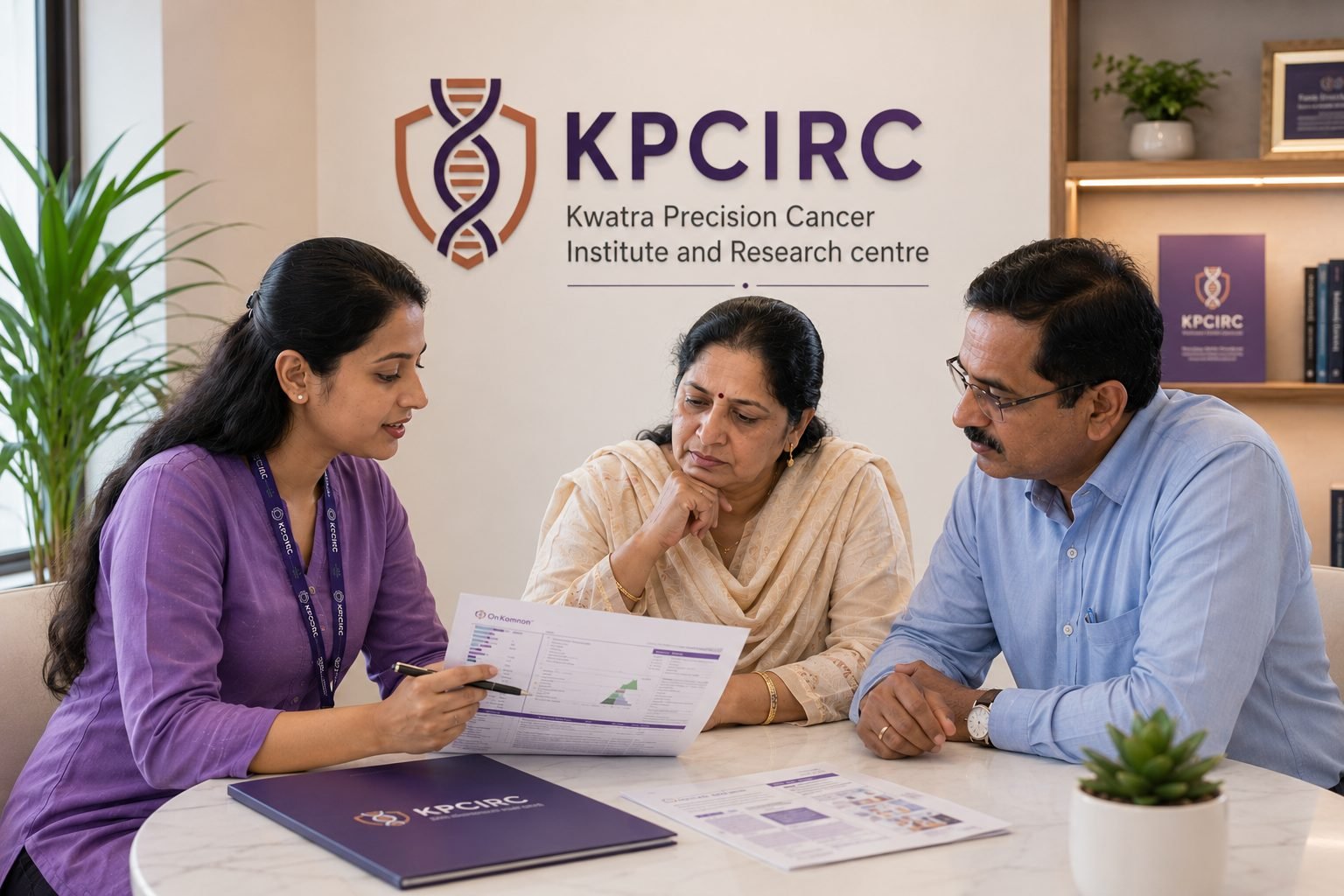An OnKommon navigator at a table with a patient and her husband, pointing to a report between them, under the KPCIRC sign.