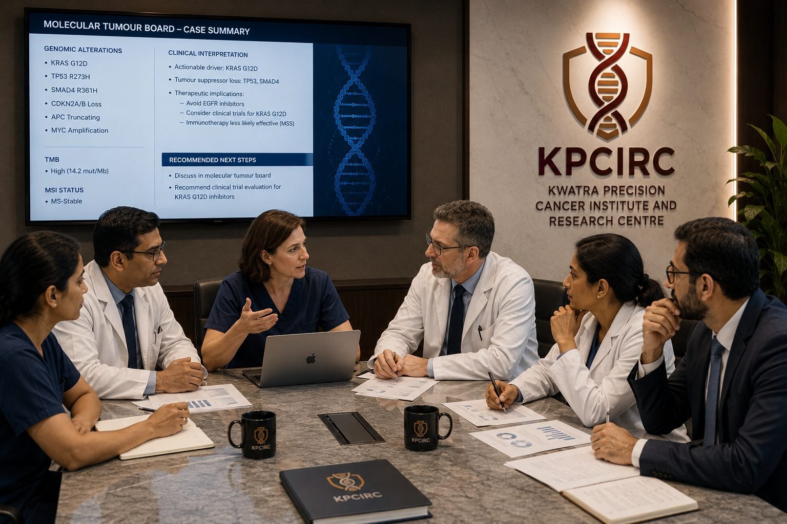 Six clinicians around a table at KPCIRC discussing a case, with the molecular tumour board case summary on the screen behind them.